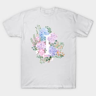 botanical monogram alphabet I hydrangea flowers T-Shirt